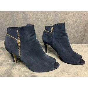 MARC FISHER Serenity Peep Toe Blue Suede Stretch Side Zip Booties | Size 9.5W